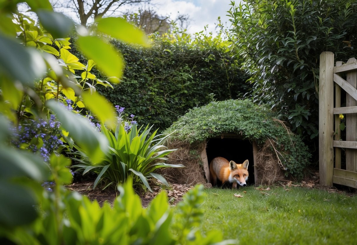 A garden in the UK with a fox den, surrounded by plants and trees. The den is located near a fence or hedge, with the entrance partially hidden by foliage