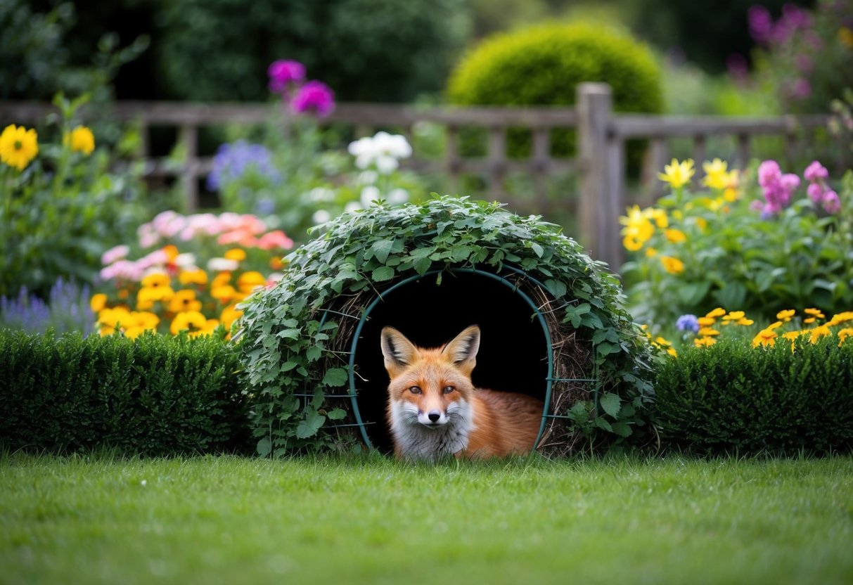 A fox den in a lush UK garden, with colorful flowers and greenery, surrounded by a fence or hedge