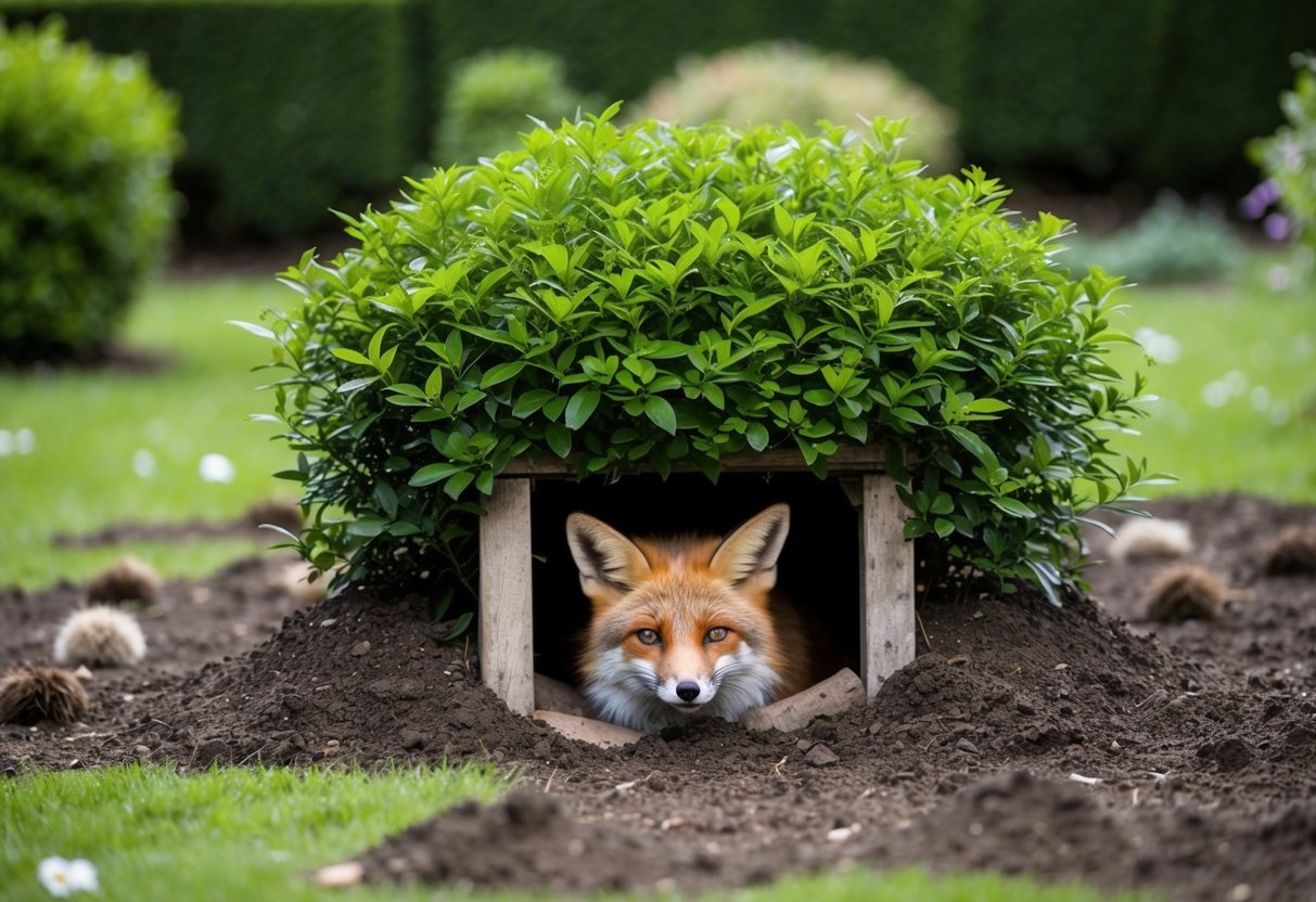 A garden with a fox den hidden beneath a lush green bush, surrounded by scattered soil and tufts of fur