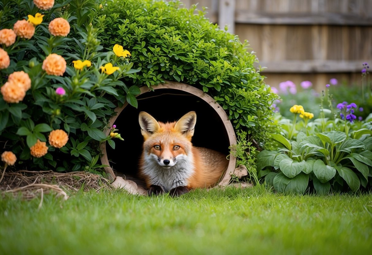 A fox den nestled beneath a lush garden bush, surrounded by vibrant flowers and a wooden fence