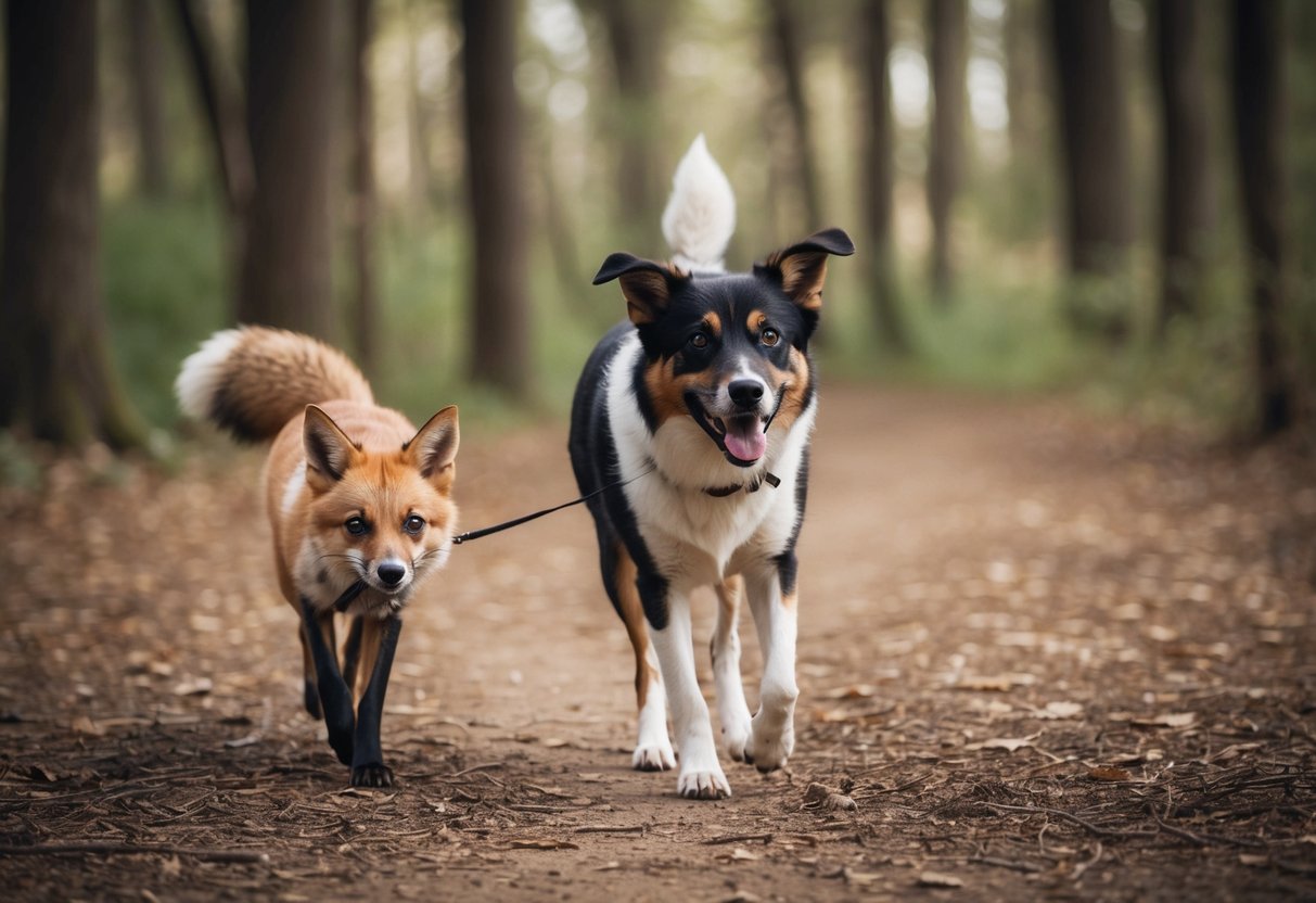 A dog walking in the woods with a curious fox following closely behind