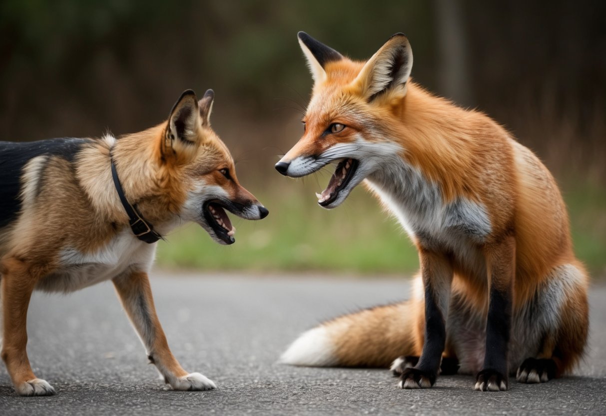 A red fox snarls at a cautious dog, ears flattened and teeth bared. The dog cowers, tail between its legs, as the fox asserts its dominance