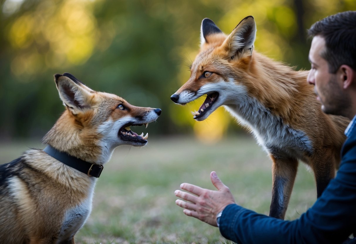 A fox snarls at a wary dog, ears flattened and teeth bared, while a human tries to intervene