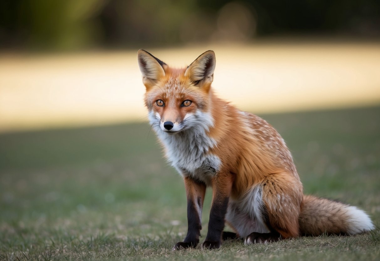 A fox sits on its haunches, locking eyes with the viewer, its ears perked and tail slightly twitching