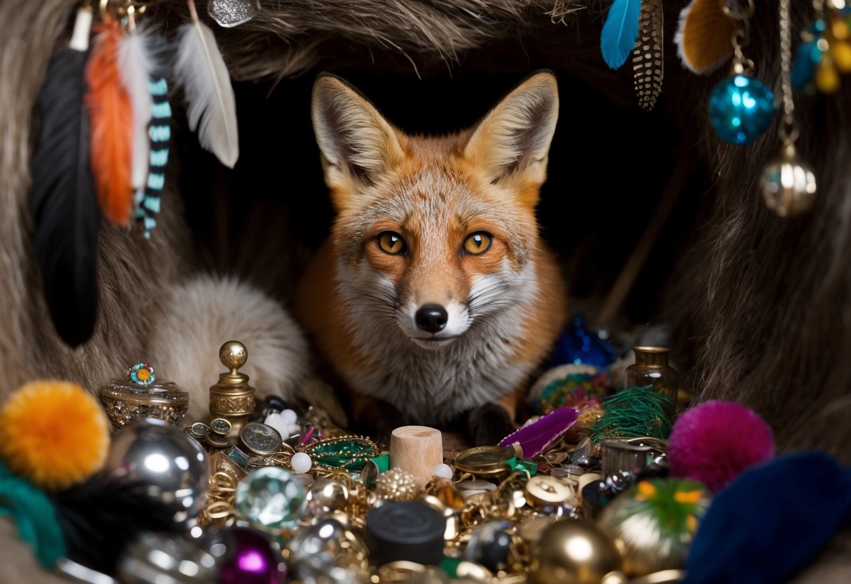 A fox surrounded by a variety of collected items such as shiny objects, feathers, and small trinkets in its den