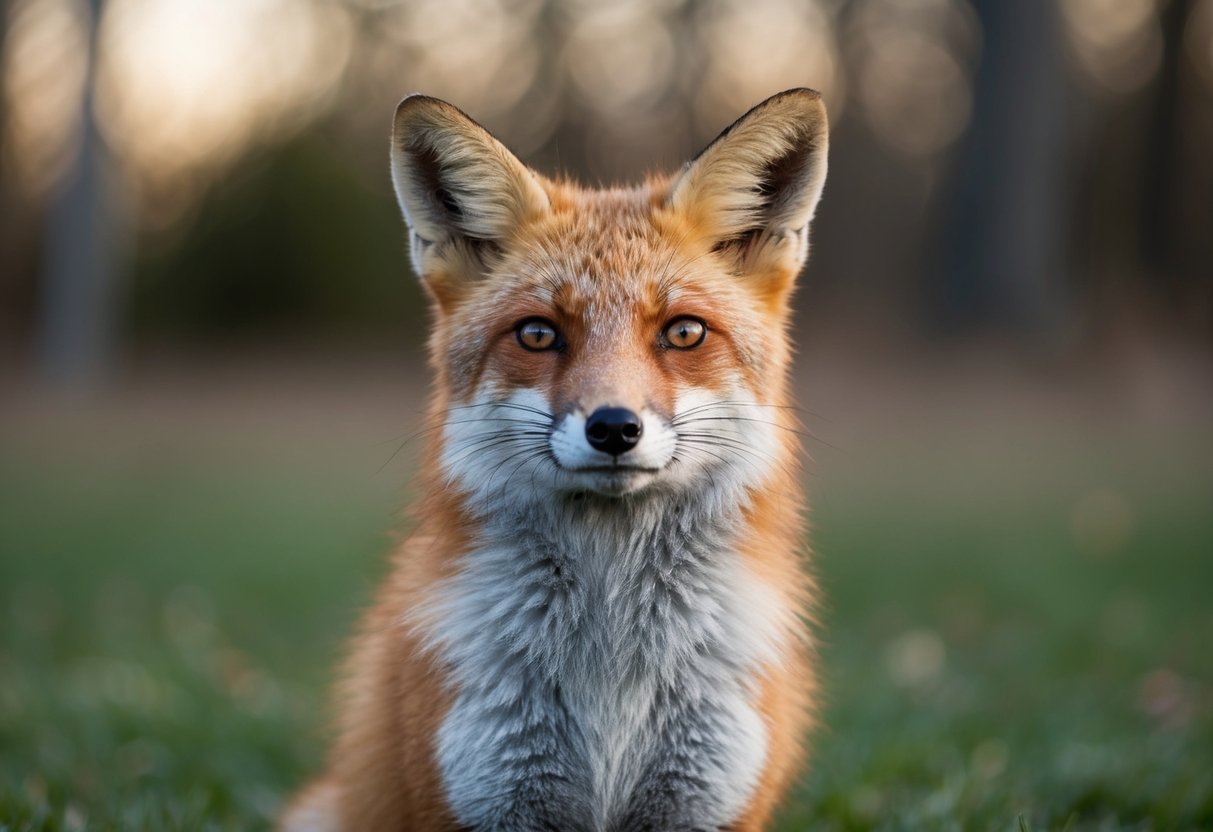 A fox sits upright, gazing directly at the viewer with alert, focused eyes. Its ears are perked up, and its body is still