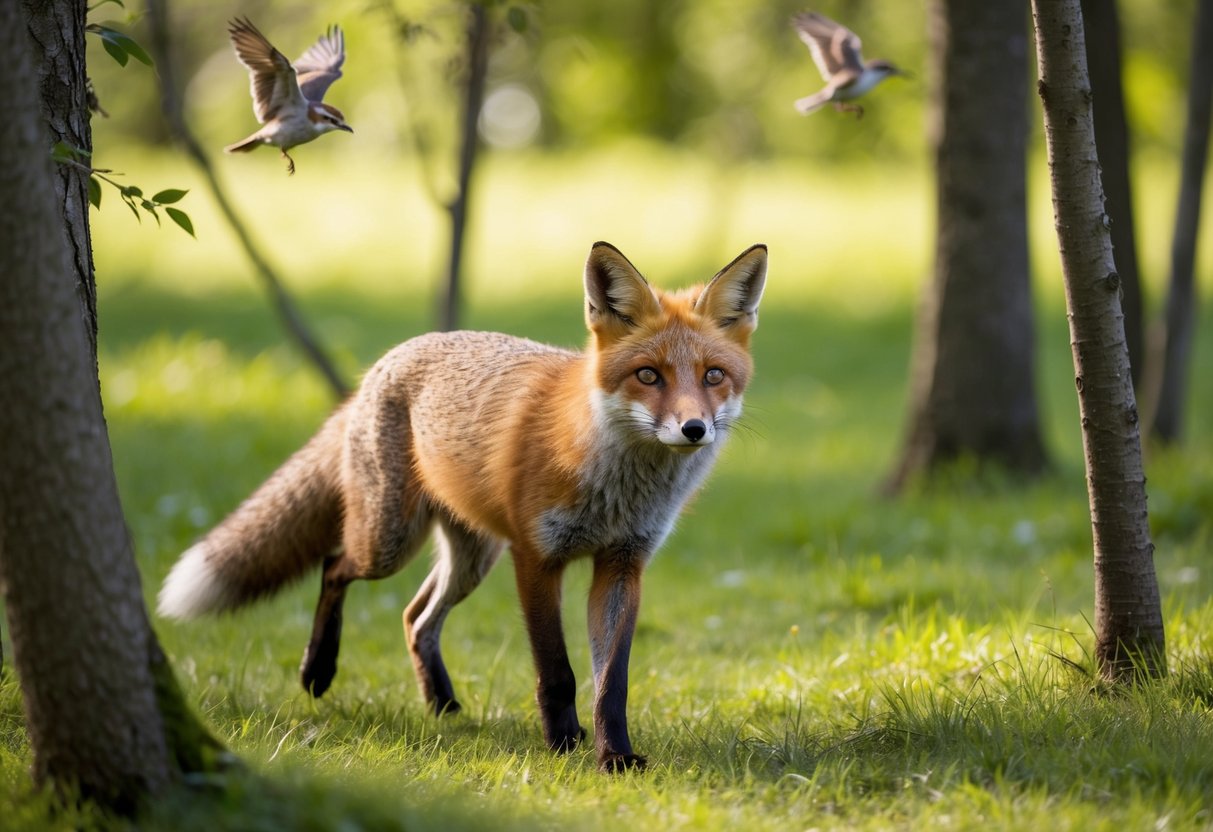 A fox trots through a sun-dappled forest, weaving between trees and pausing to sniff the air. Birds flit overhead as the fox explores its woodland home