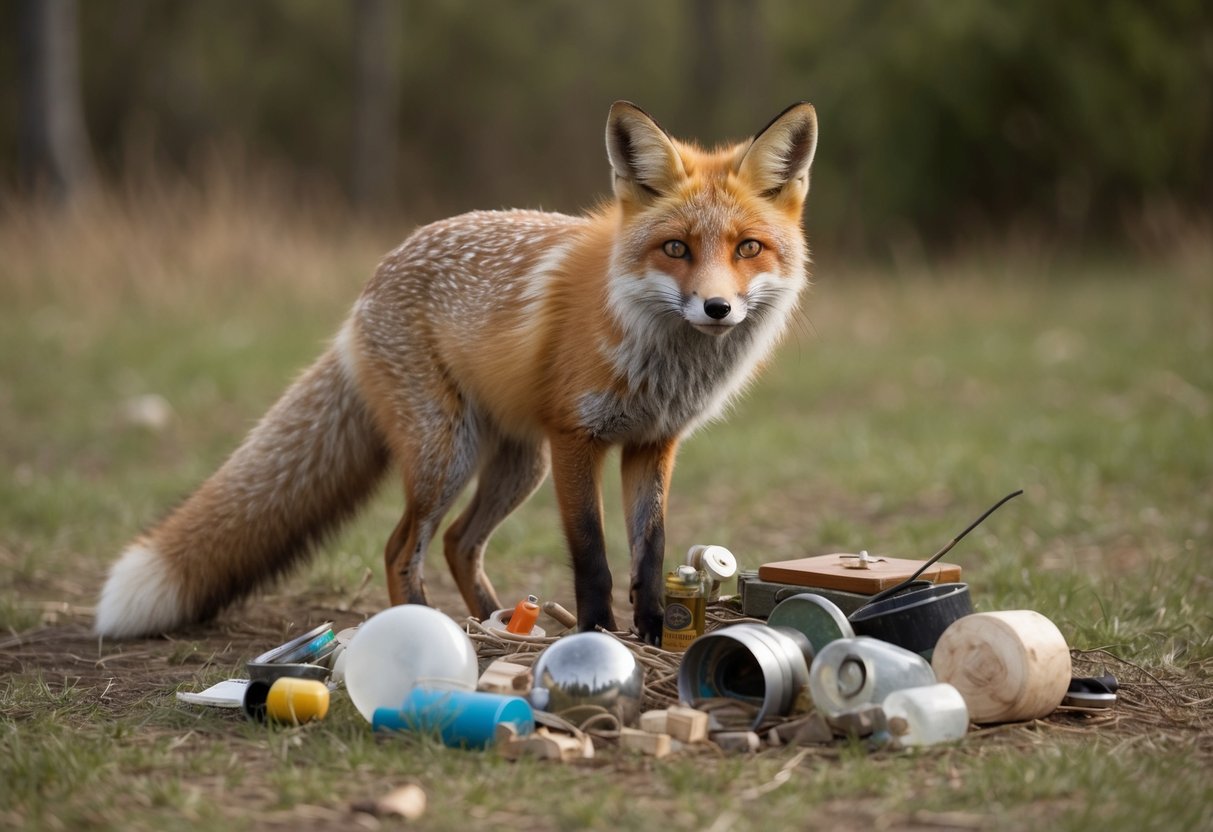 A fox in its natural habitat, surrounded by various items it has collected