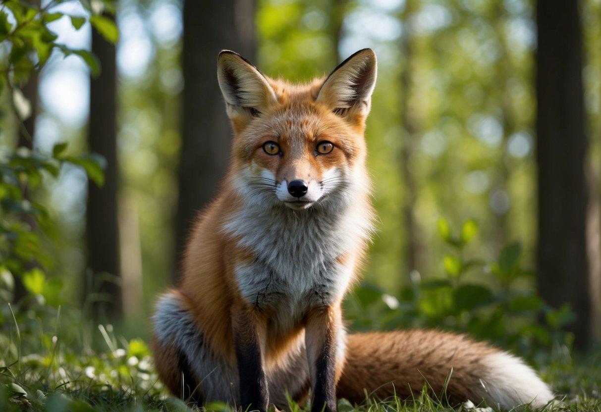 A fox sits on its haunches, gazing directly at the viewer with intense, piercing eyes. The forest surrounds it, with dappled sunlight filtering through the leaves