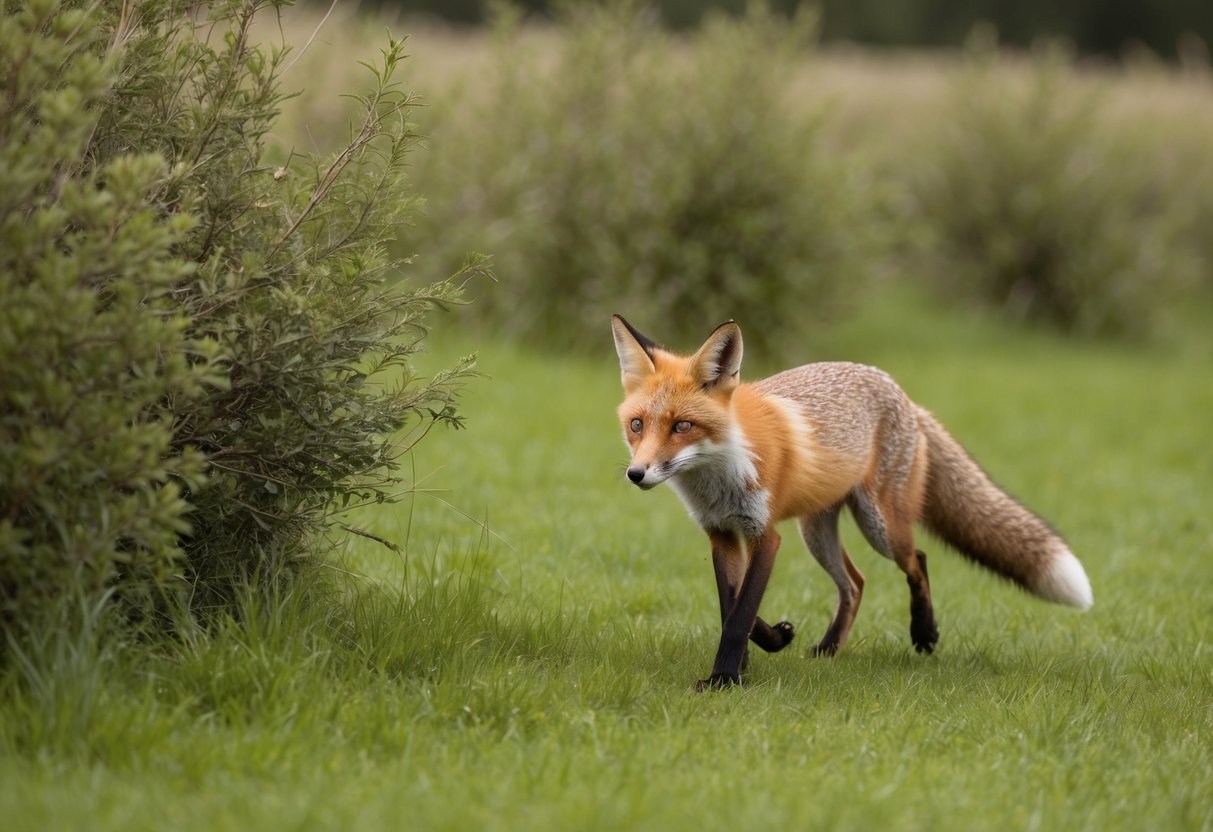 A fox trots through a grassy meadow, pausing to sniff the air and listen for prey. It then disappears into a dense thicket of bushes
