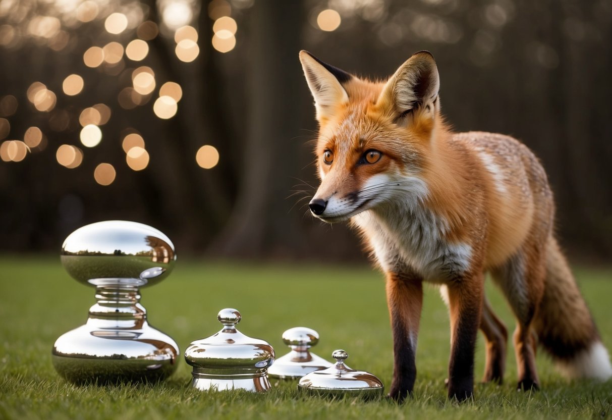 A fox stands near a collection of shiny objects, gazing at them with curiosity
