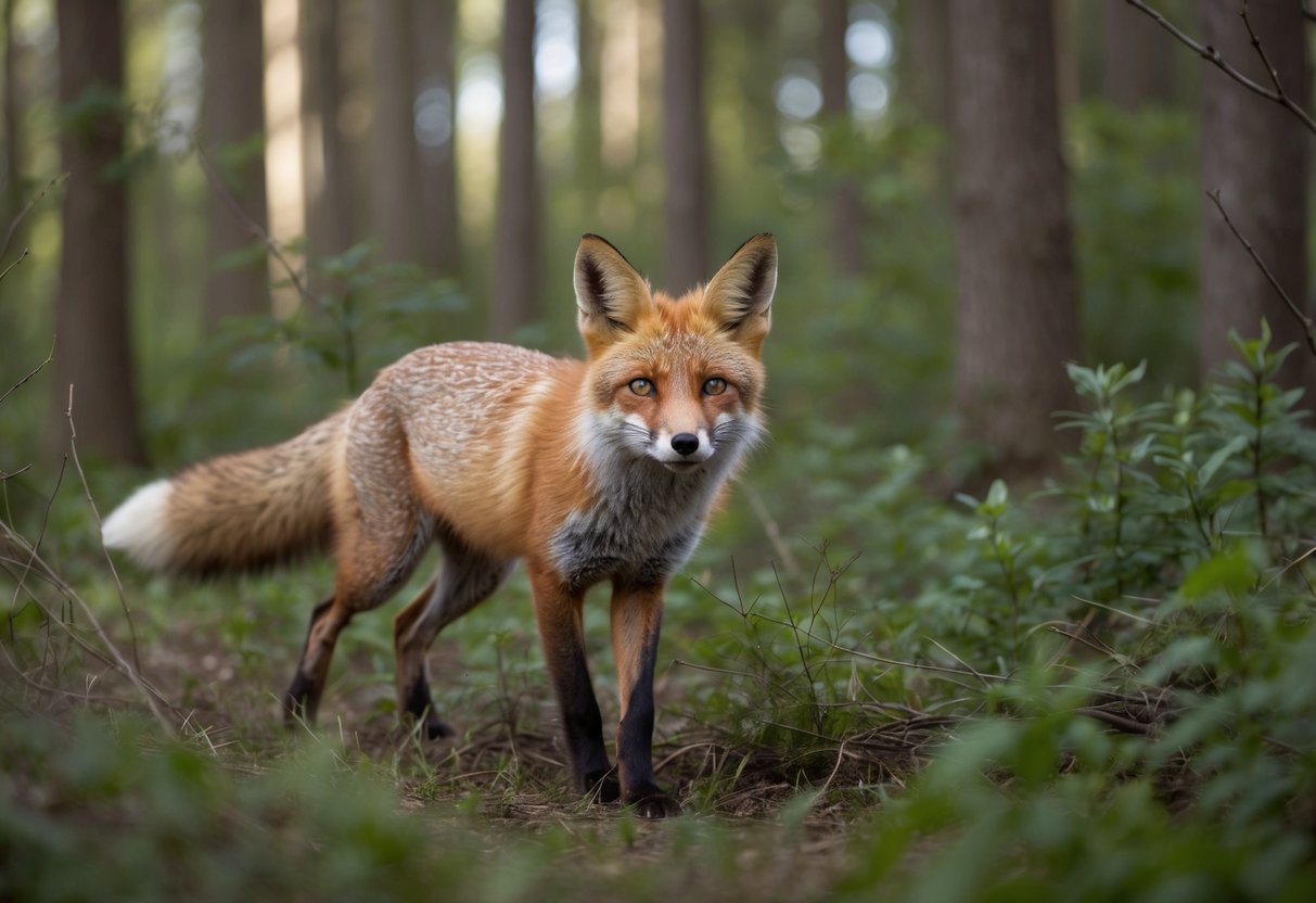 A fox prowls through a dense forest, hunting for small mammals and birds. It moves stealthily through the underbrush, its keen eyes and pointed ears alert for any signs of prey