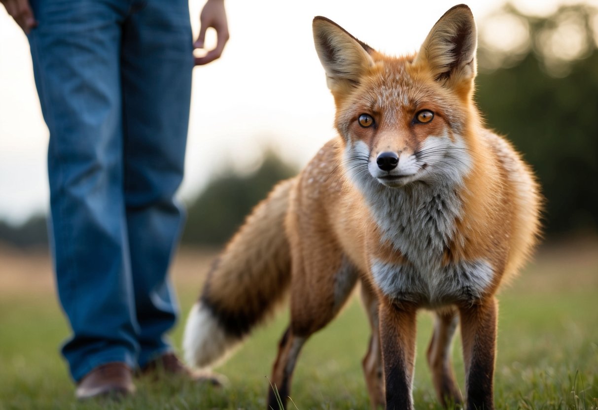 A fox cautiously approaches a human, its ears perked up and eyes focused. The human is standing still, watching the fox with curiosity