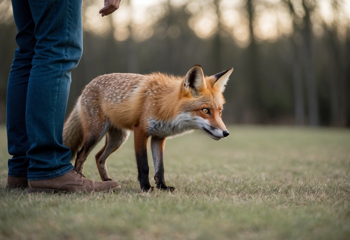 A fox cautiously approaches a human, sniffing the air with curiosity