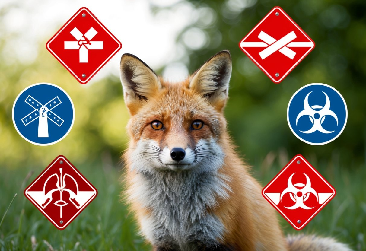 A fox with warning signs around it, surrounded by symbols of disease and illness