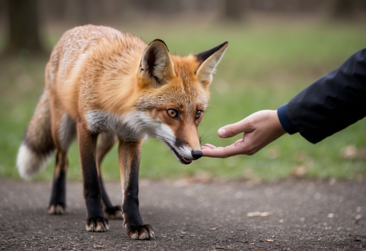 A fox approaches cautiously, ears perked, eyes curious. It sniffs at an outstretched hand, showing no signs of aggression