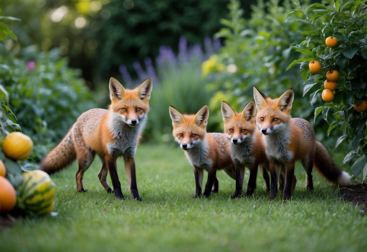 A family of foxes playfully explores a lush garden, drawn to the scent of ripe fruits and vegetables