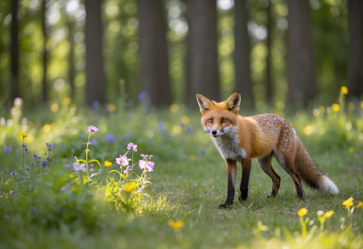 A serene forest clearing with a fox approaching cautiously, surrounded by wildflowers and dappled sunlight