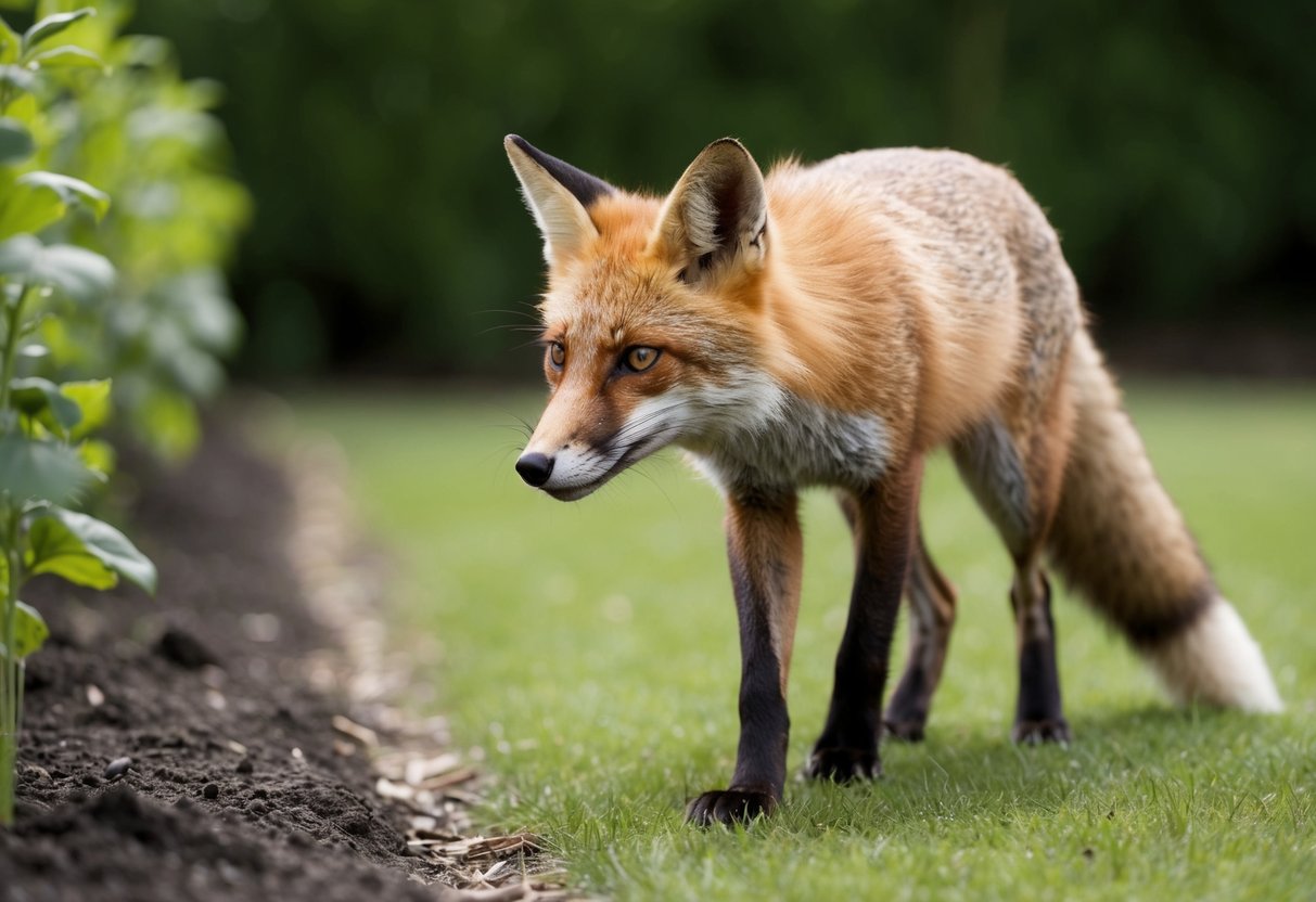 A fox cautiously approaches a garden, sniffing the air and scanning for food scraps