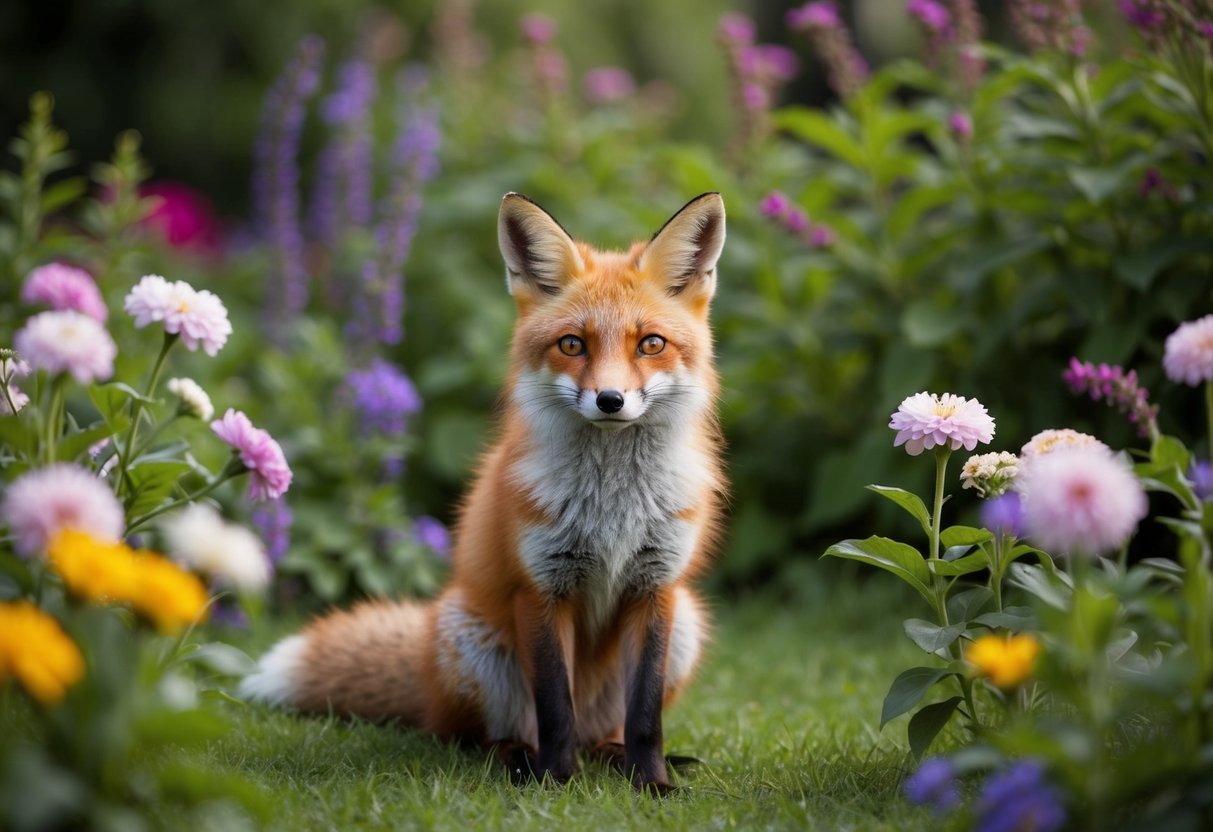 A red fox sitting among the flowers in a lush garden, looking around curiously with its bright, alert eyes