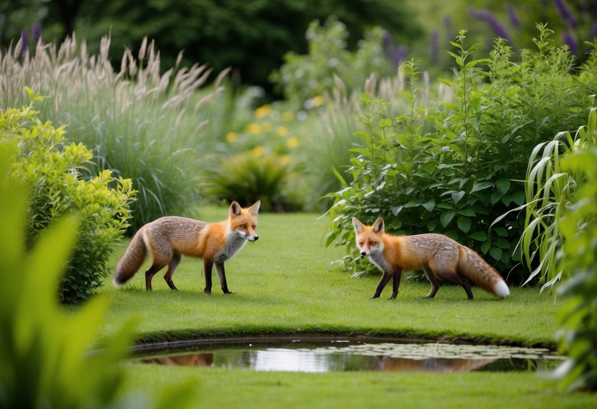 A lush garden with tall grasses, bushes, and a small pond. Foxes roam freely, drawn by the abundance of food and shelter
