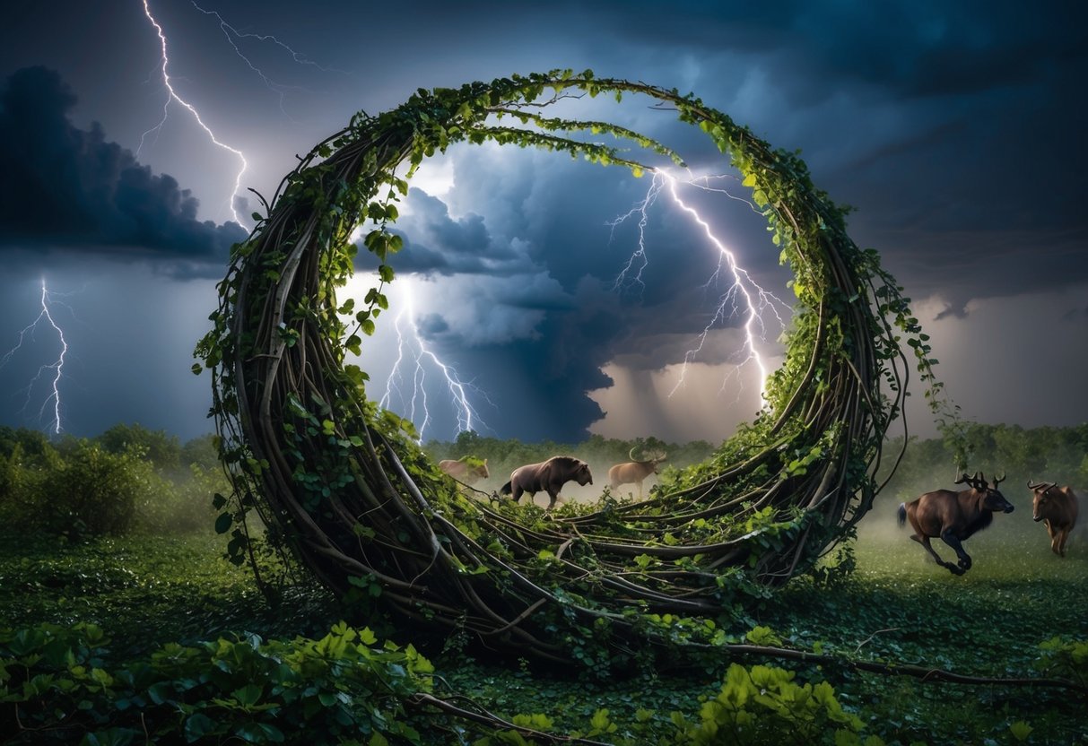 A swirling vortex of tangled vines and storm clouds, with lightning crackling and wild animals running amok