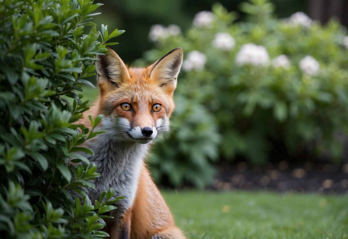 A fox peers out from behind a bush in a lush garden, its alert eyes scanning the surroundings