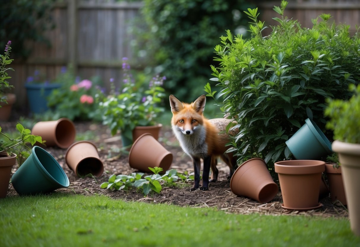 A garden with overturned pots, scattered plants, and a fox peeking out from behind a bush