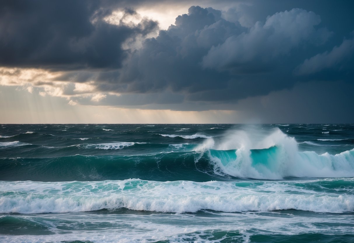 A stormy sea with crashing waves and dark clouds overhead