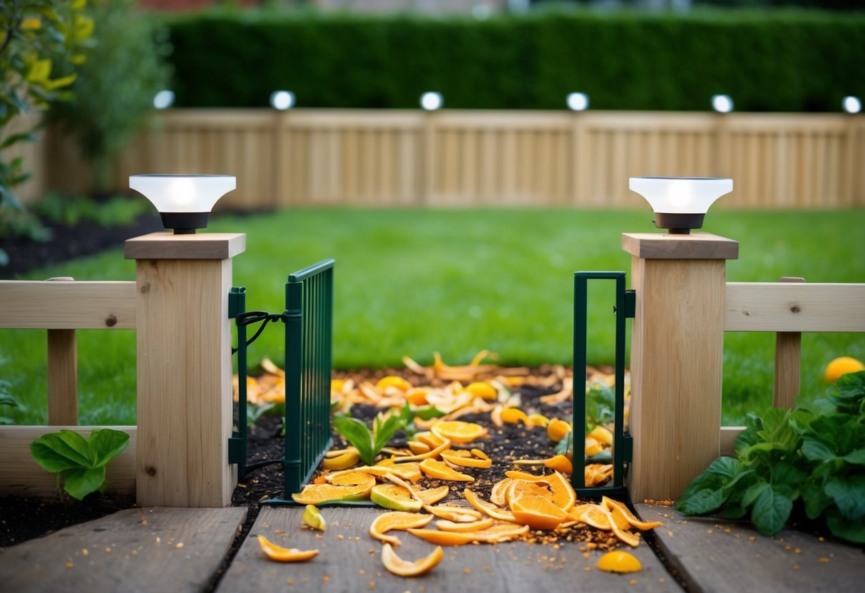 A garden with raised fences, motion-activated lights, and a scattering of citrus peels and chili powder to deter foxes