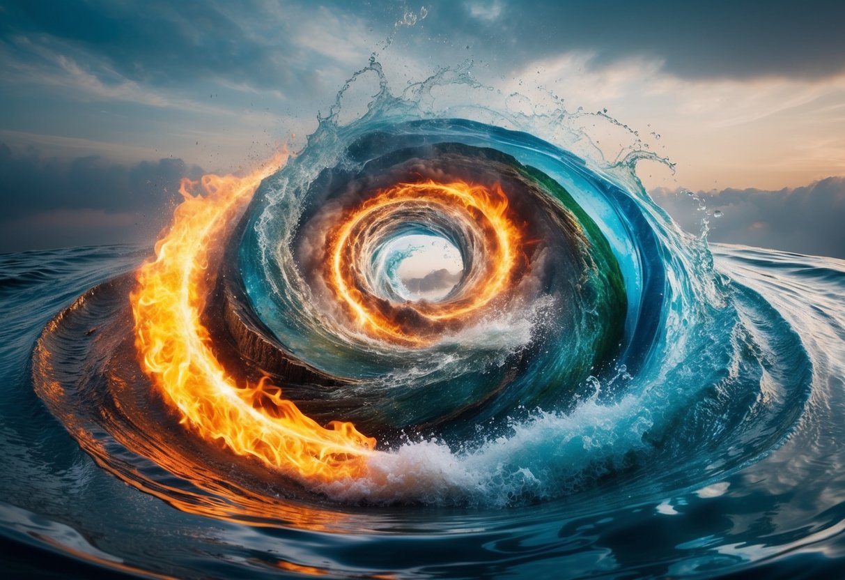 A swirling vortex of elements - fire, water, earth, and air - merging and colliding in a chaotic dance of energy