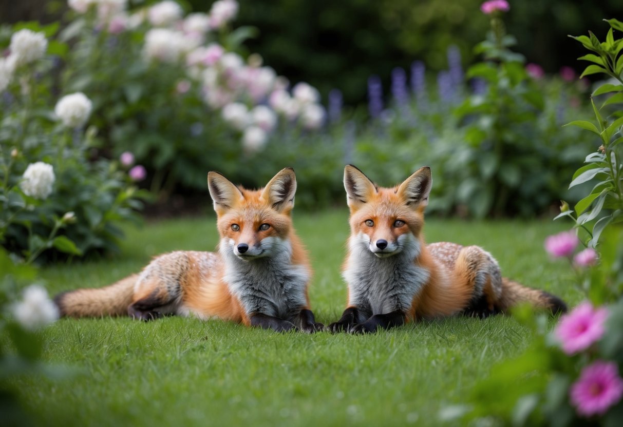 Foxes lounging in a lush garden, surrounded by blooming flowers and lush greenery. A sense of harmony and tranquility exudes from the scene as the foxes coexist peacefully with their natural surroundings