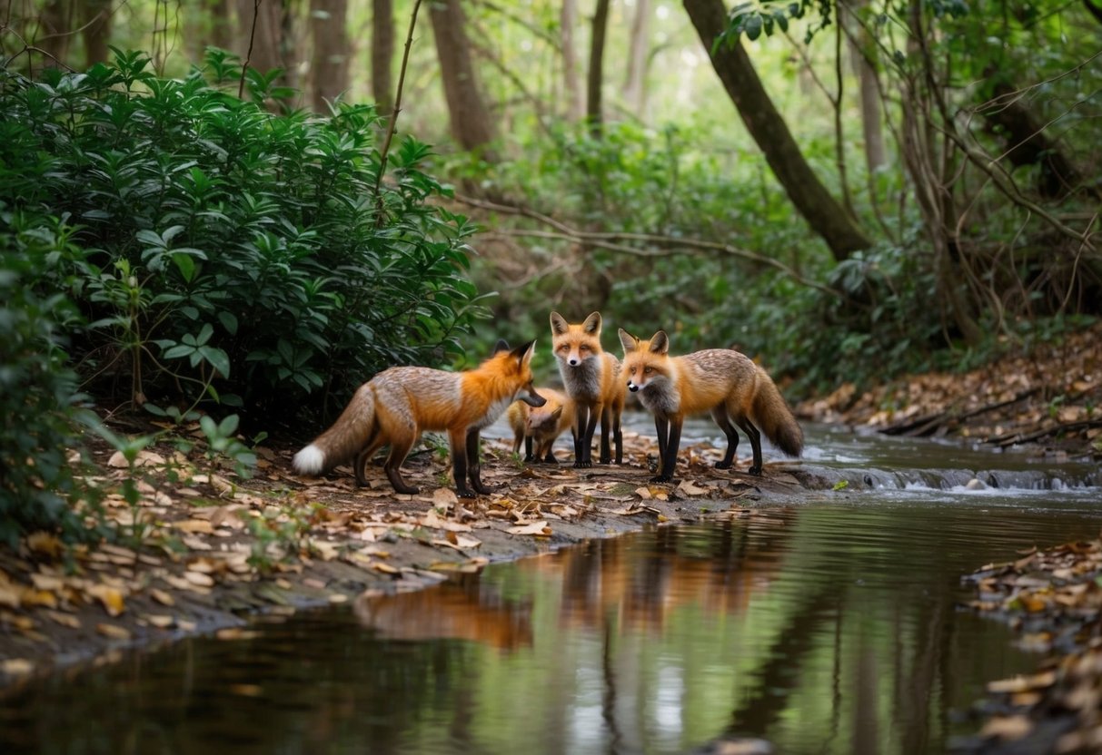 A small stream flows through a lush forest, with fallen leaves and overgrown bushes. A family of foxes gathers near the water, drawn by the sound of rustling prey
