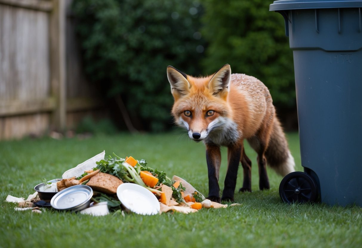 A fox sneaking into a backyard, drawn to a pile of discarded food scraps and leftovers near a trash can