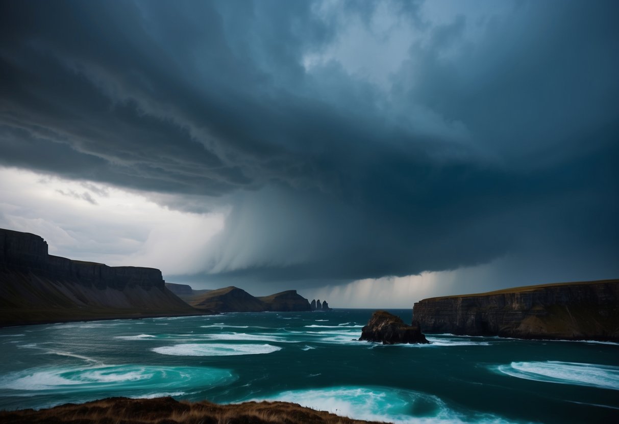 A stormy sky looms over a rugged landscape, where jagged cliffs and swirling waters evoke a sense of chaos and rebellion