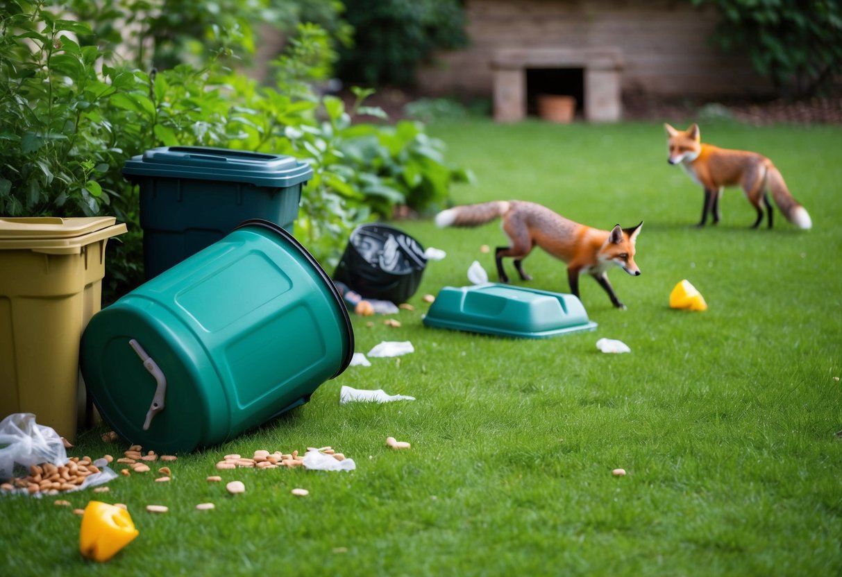 A lush garden with overturned trash cans, scattered food, and a den in the distance, attracting foxes