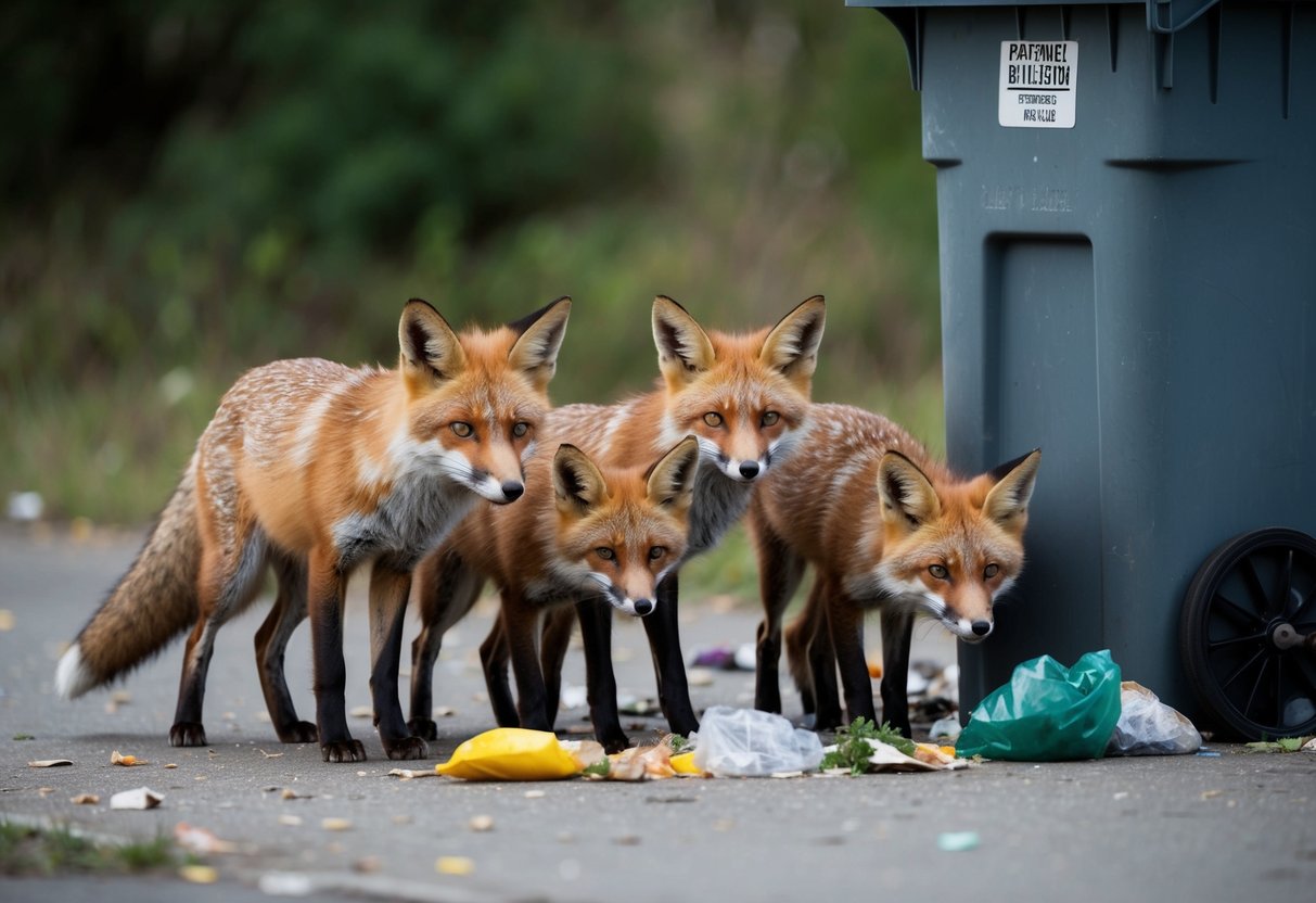 A family of foxes scavenging near a trash bin, with scattered food and garbage attracting them