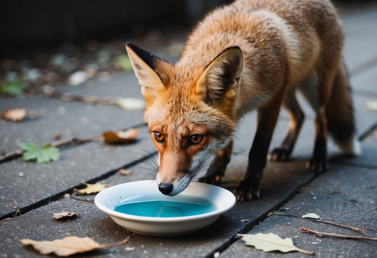A small dish of water sits outside, surrounded by a few scattered leaves and twigs. A curious fox cautiously approaches, sniffing the offering with interest