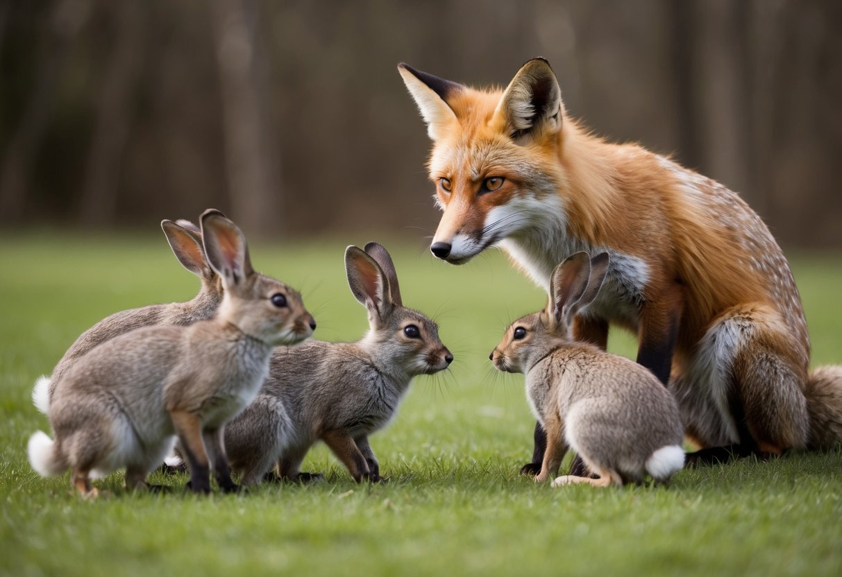 A fox uses its cunning to outsmart a group of rabbits, showcasing its cleverness and cognitive abilities