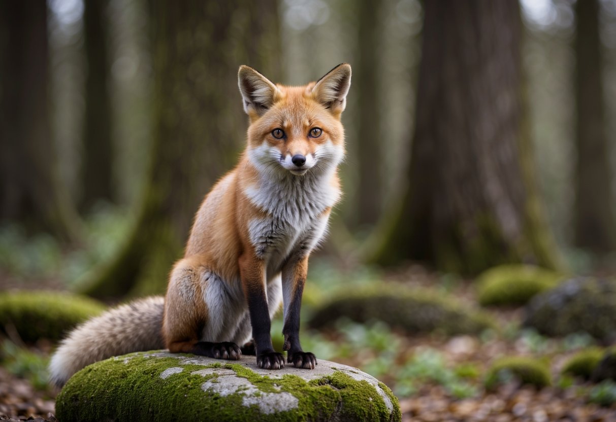 A fox sits atop a moss-covered stone, its eyes gleaming with intelligence as it surveys the ancient forest