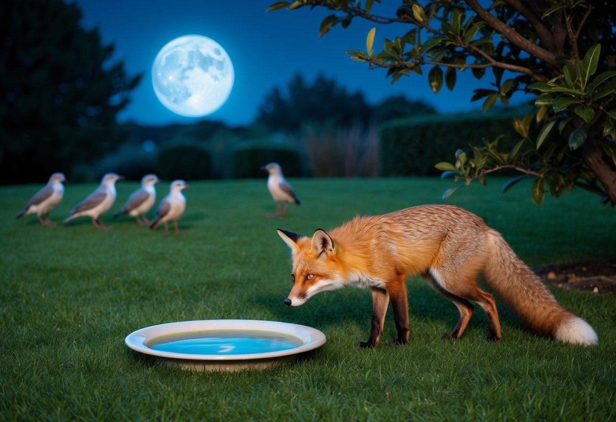 A red fox approaches a shallow dish of water in a moonlit garden, while a group of birds watch from a nearby tree