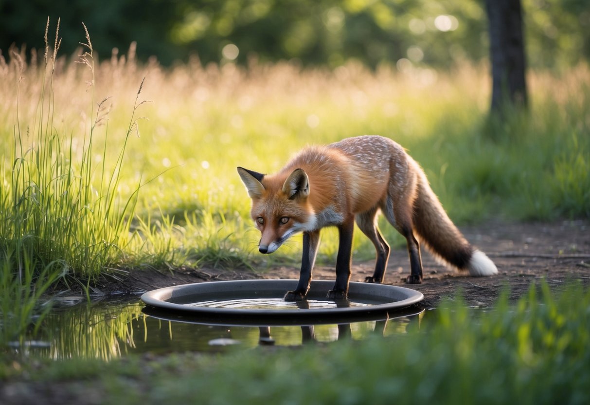 A fox approaches a shallow dish of water in a peaceful woodland clearing, surrounded by tall grass and dappled sunlight
