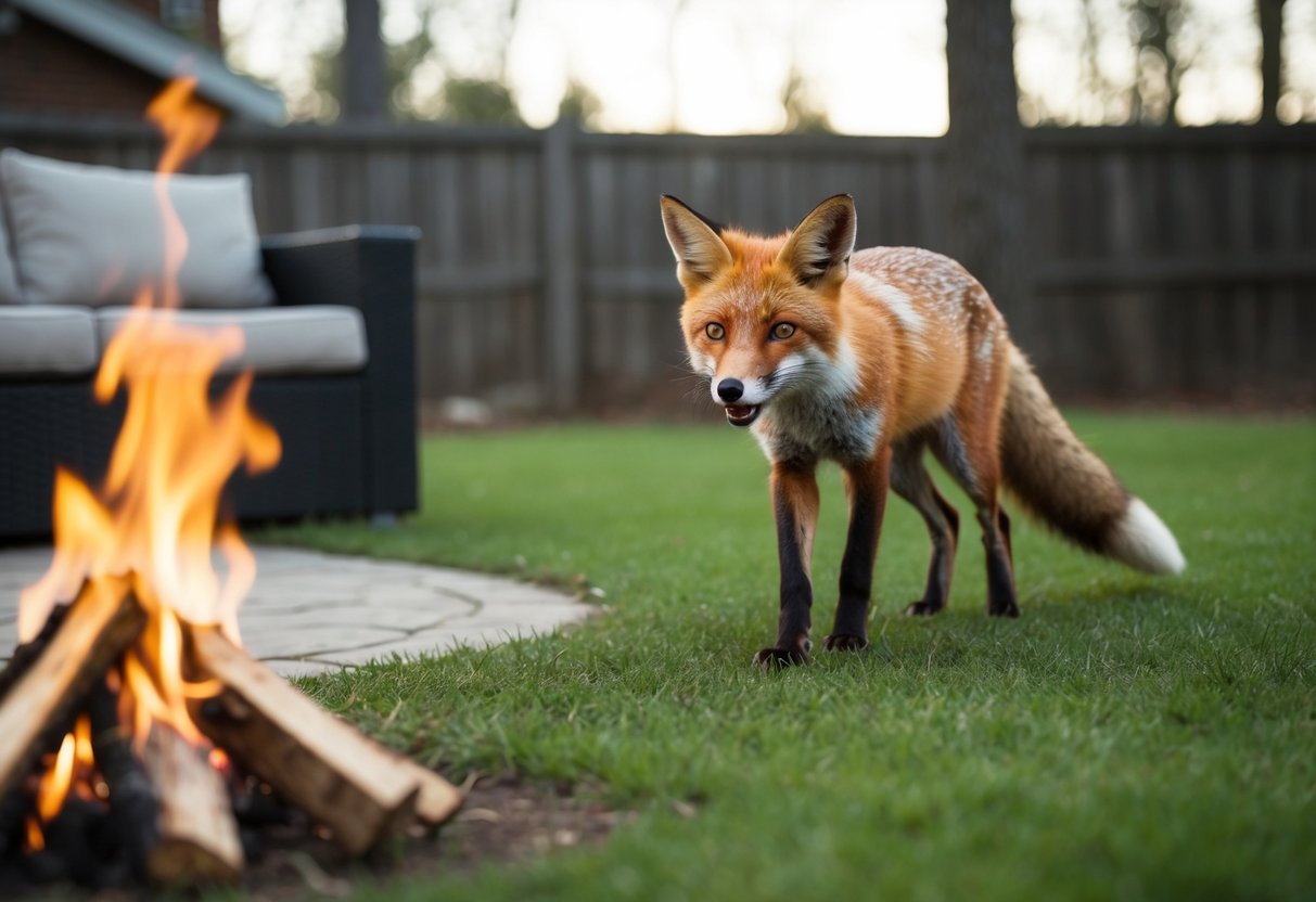 A curious fox approaches a backyard, drawn in by the smell of food and the warmth of a campfire