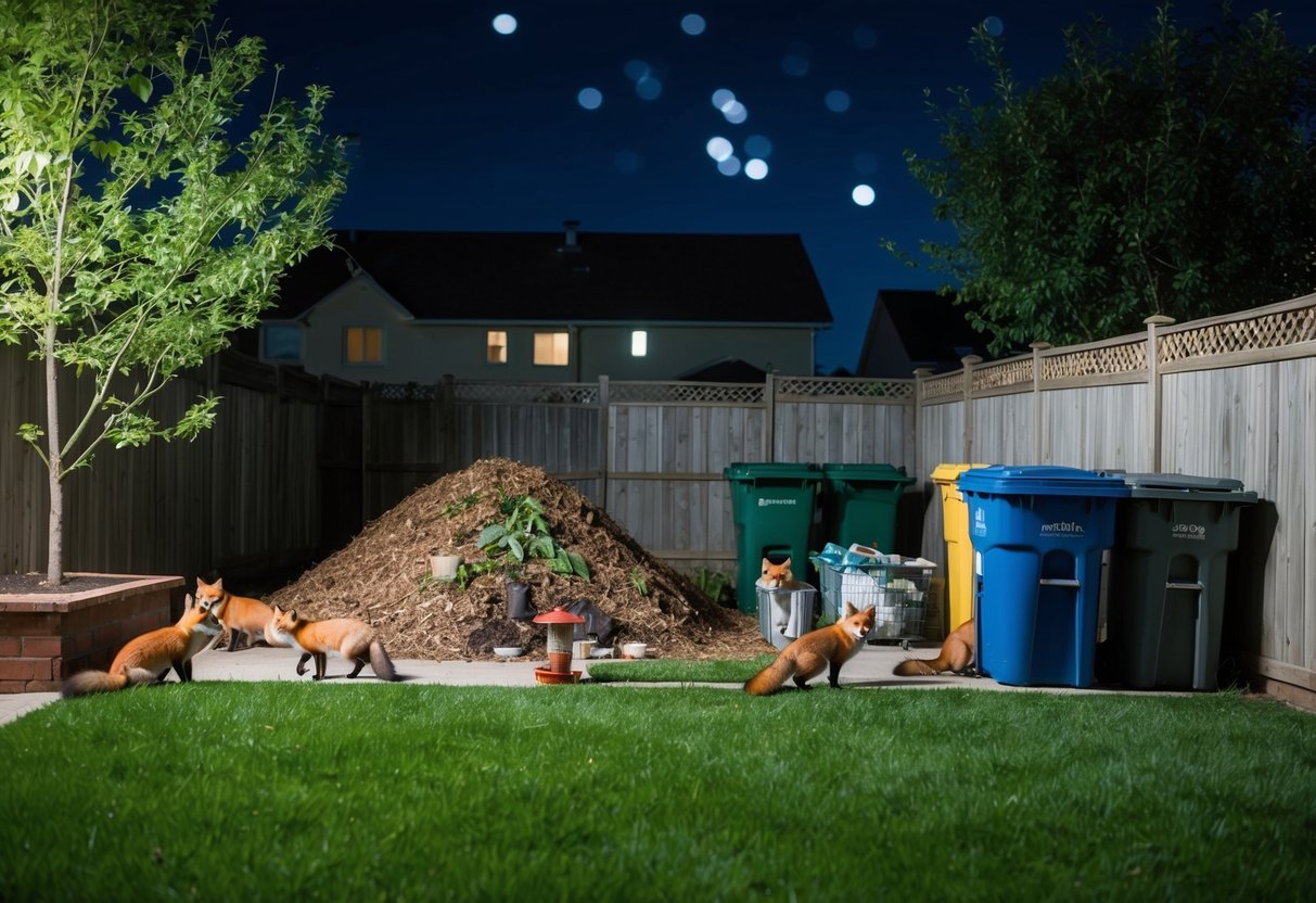 A suburban backyard with a compost pile, bird feeders, and garbage cans attracting foxes at night