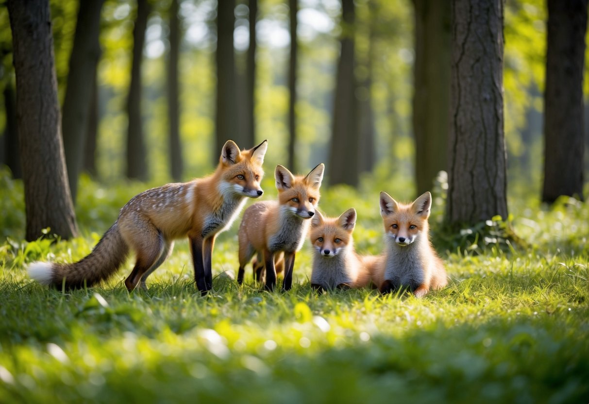 A serene forest clearing with a family of foxes playing and lounging in the dappled sunlight