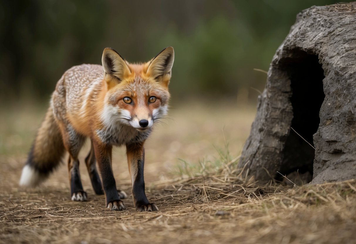 A fox cautiously approaches a den, ears alert and eyes scanning for any potential threats