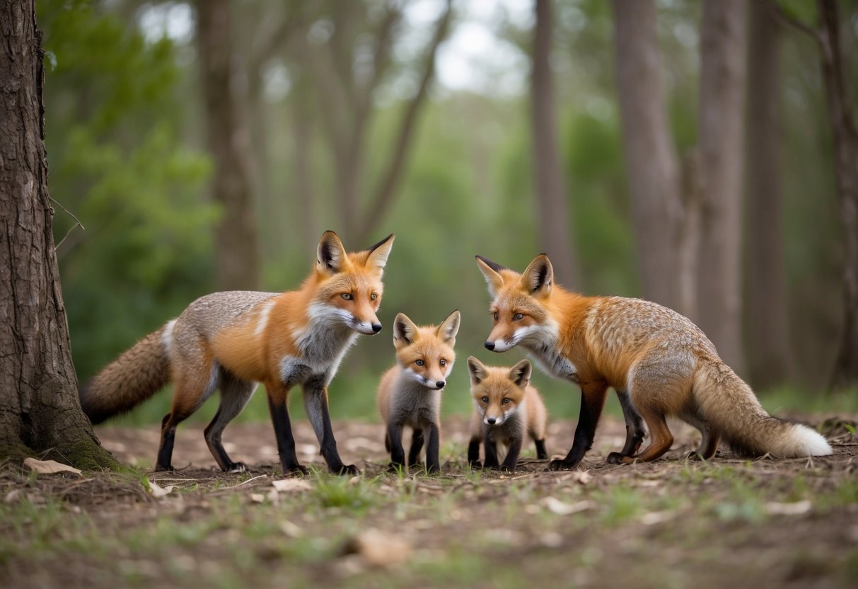 A family of foxes playing in a wooded area, observing their surroundings with curiosity and agility