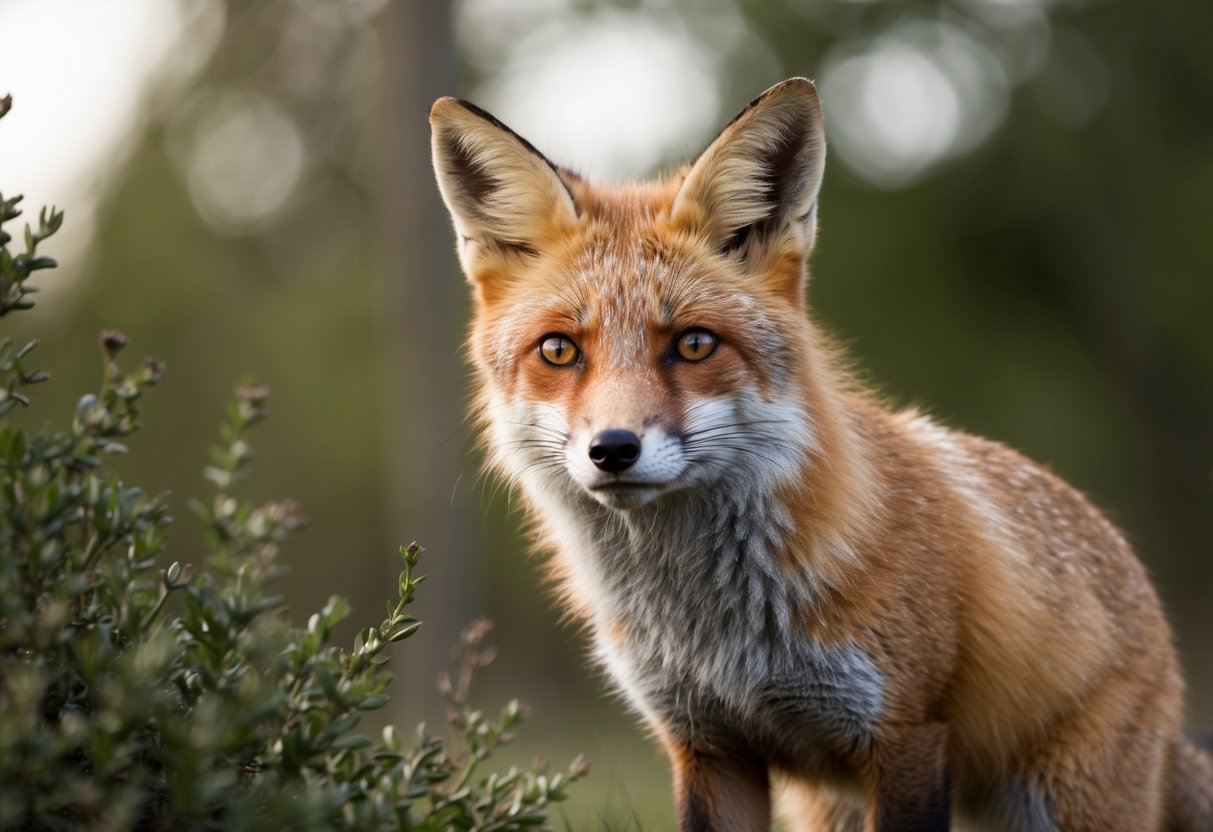 A fox cautiously peers out from behind a bush, its ears perked up and eyes alert, surveying its surroundings for any potential threats