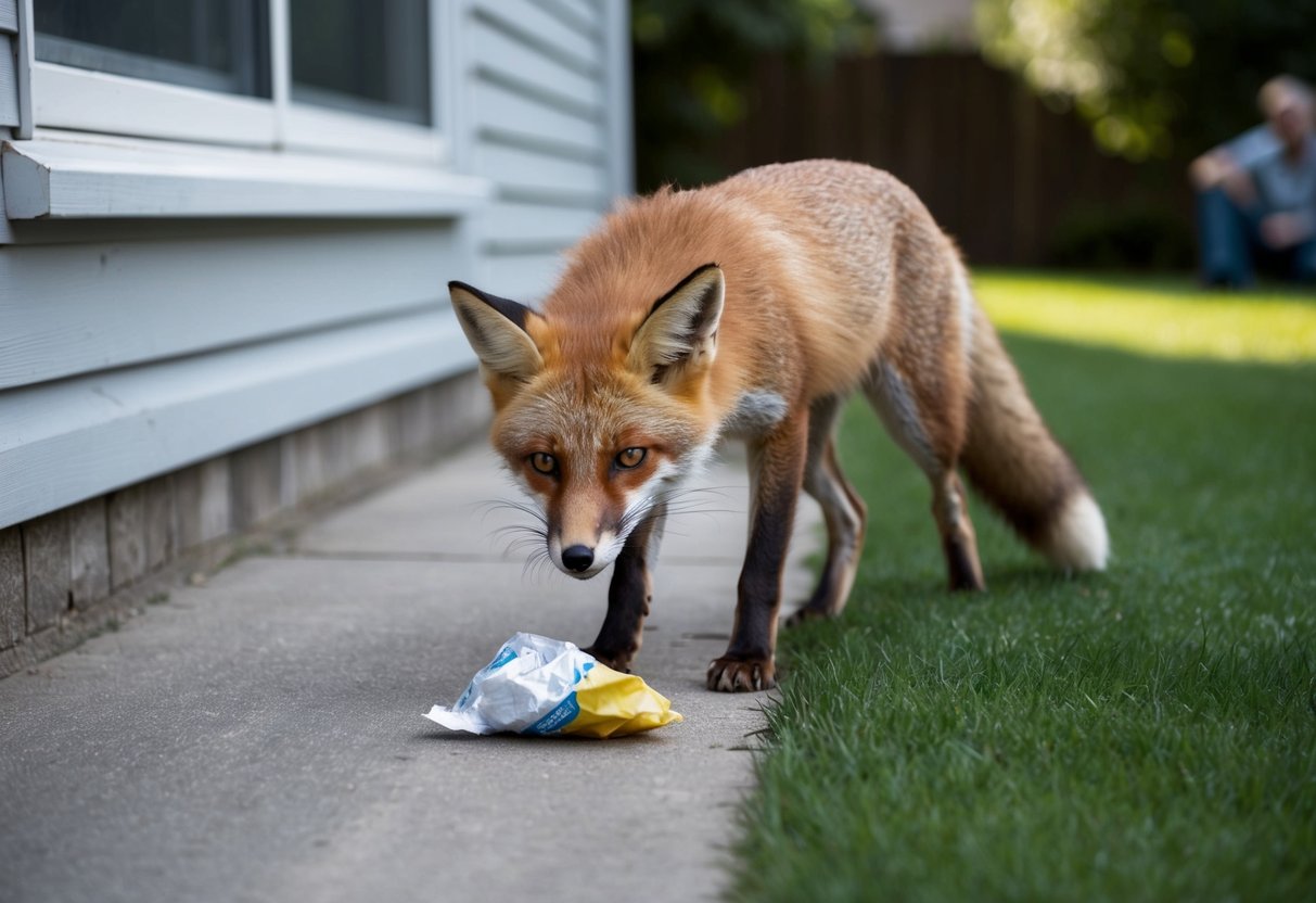 A fox cautiously approaches a suburban backyard, eyeing a discarded food wrapper while a wary homeowner watches from a window