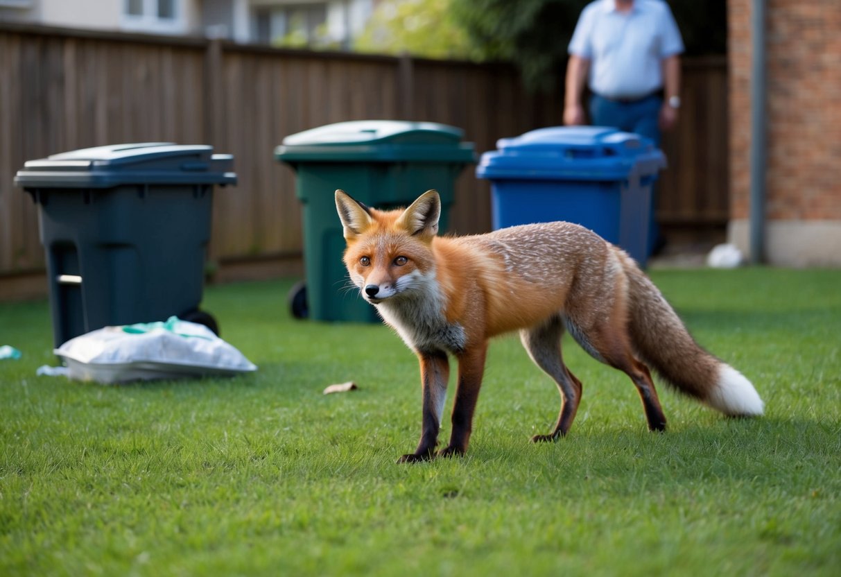 A fox cautiously approaches a backyard with scattered trash bins, while a concerned homeowner watches from a distance